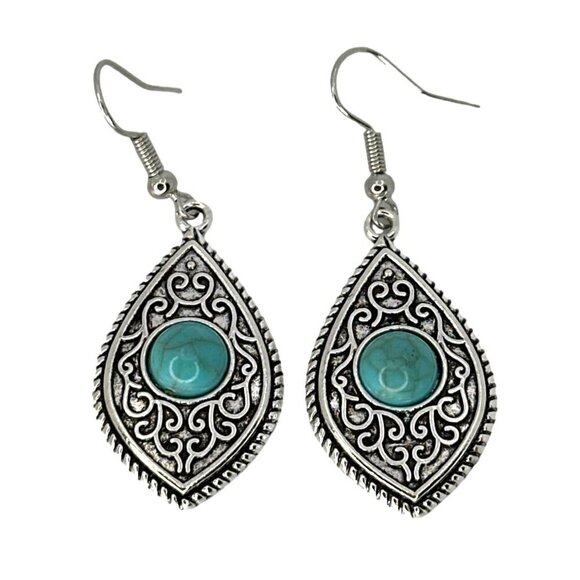 Antique Silver Tone Teardrop Earrings With Turquoise Stone Accent 2 Inches Long - Picture 1 of 3